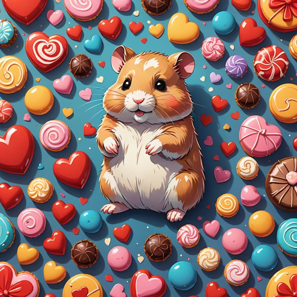 Cute Hamster Surrounded by Valentine's Day Treats in Manga S...
