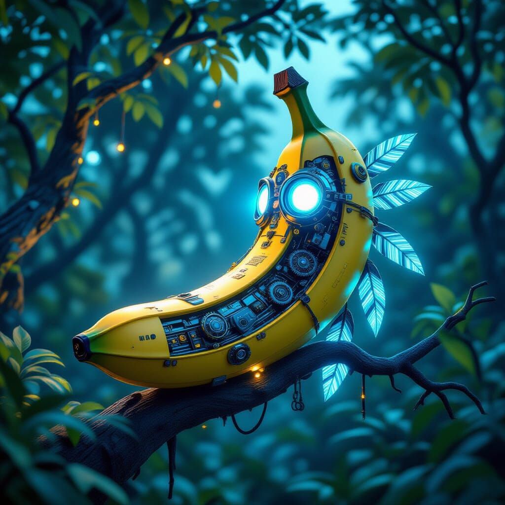 Digital illustration. A majestic mechanical banana with glow...