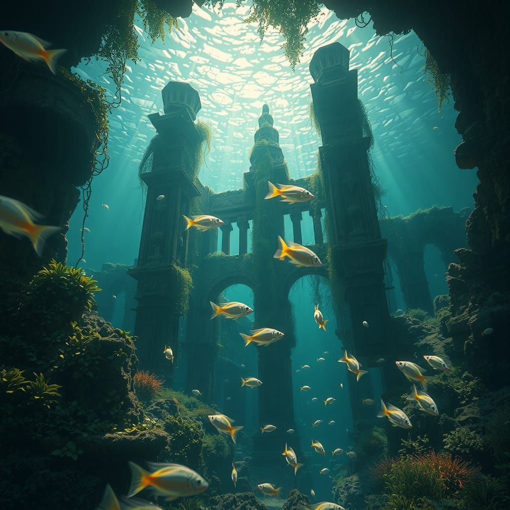 Submerged Cathedral Ruins in Mystical Abyss
