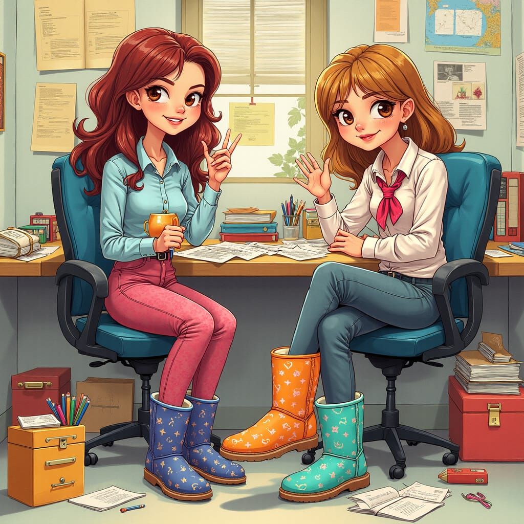 Vibrant Office Illustration of Secretaries in Whimsical Uggs