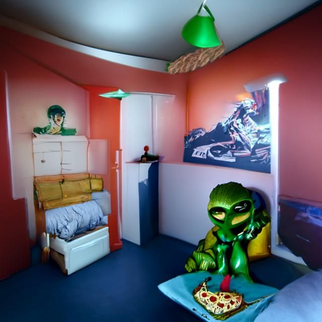 Green Alien Teenager Eating Pizza in 80s Bedroom