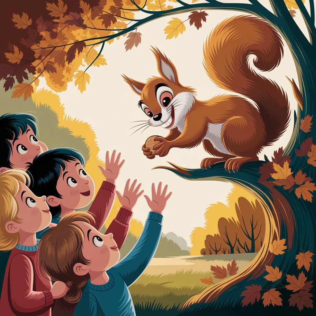 Mischievous Squirrel Teasing Children: Digital Illustration