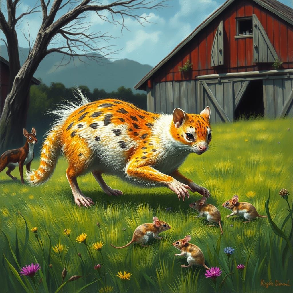 Vibrant Weasel Hunts Mice in a Barn Scene