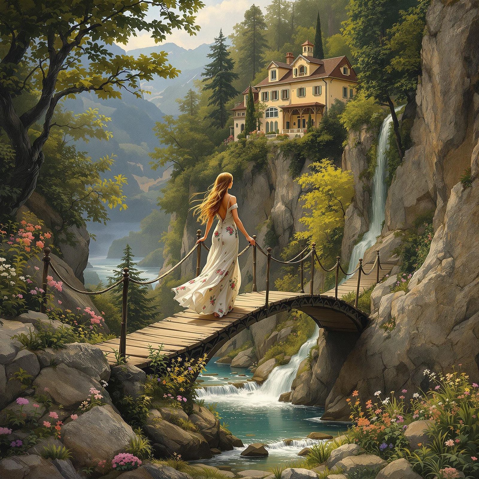Ethereal Woman Crosses Dreamy Bridge in a Romantic-Era Lands...