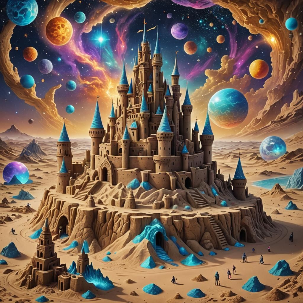 Astral Sandcastle: Holographic Mixed Media Illustration