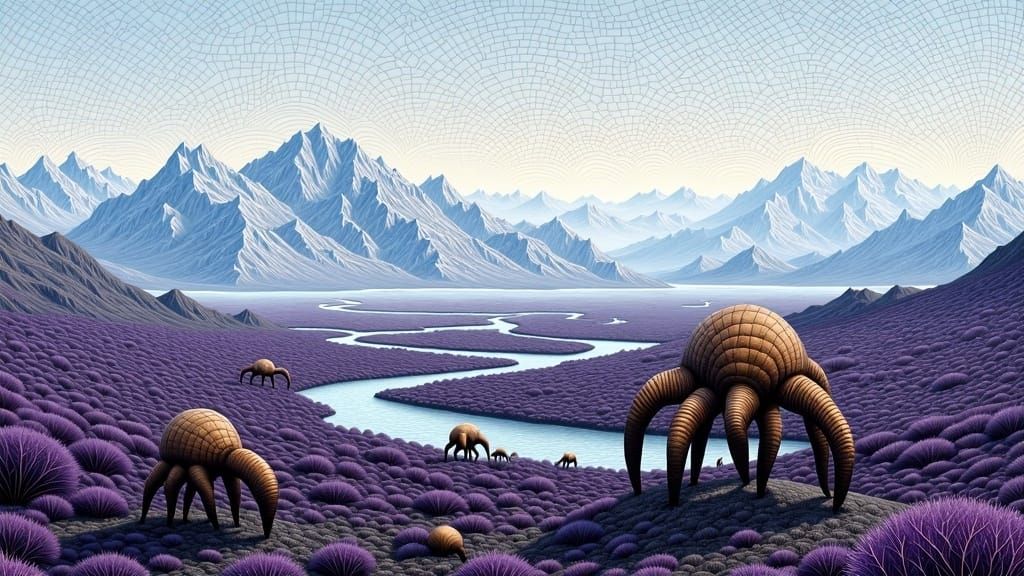 Mosaic of Extraterrestrial Landscape with Alien Flora