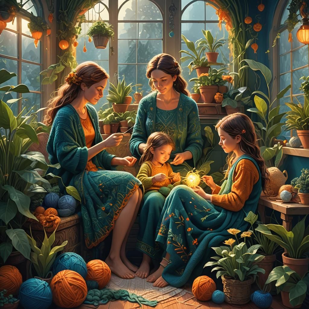 Cozy Fantasy: Mother Knitting with Daughters