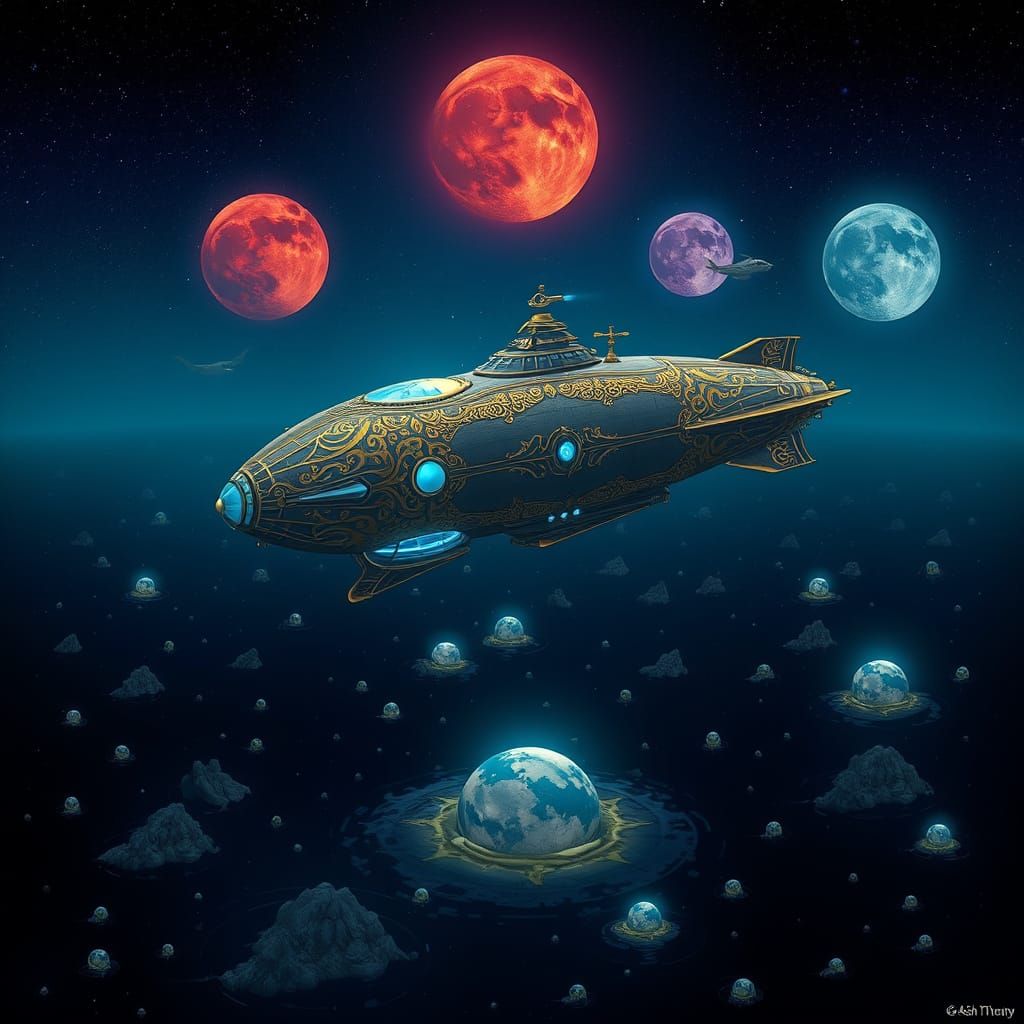 Baroque Futuristic Airship Over Endless Dark Ocean