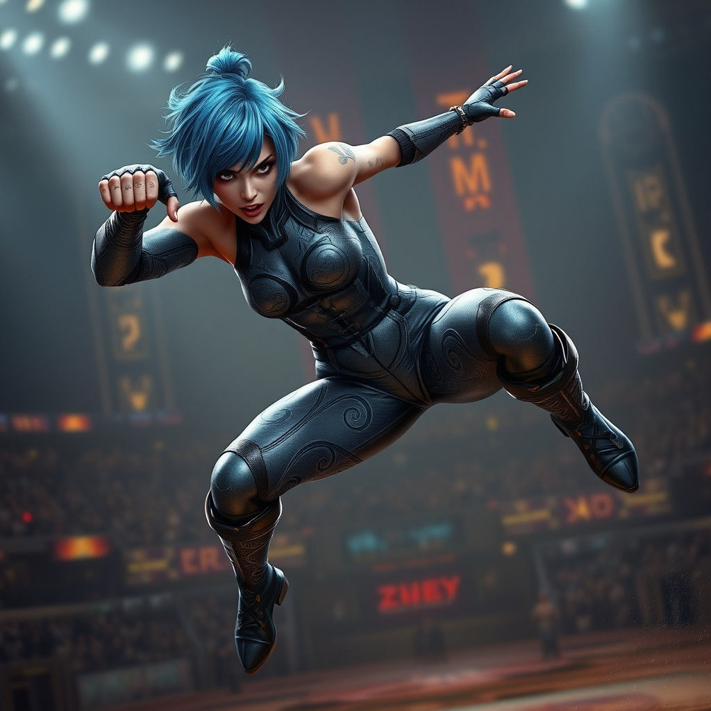 Fantasy Wrestler in Cyberpunk Arena with Elbow Drop