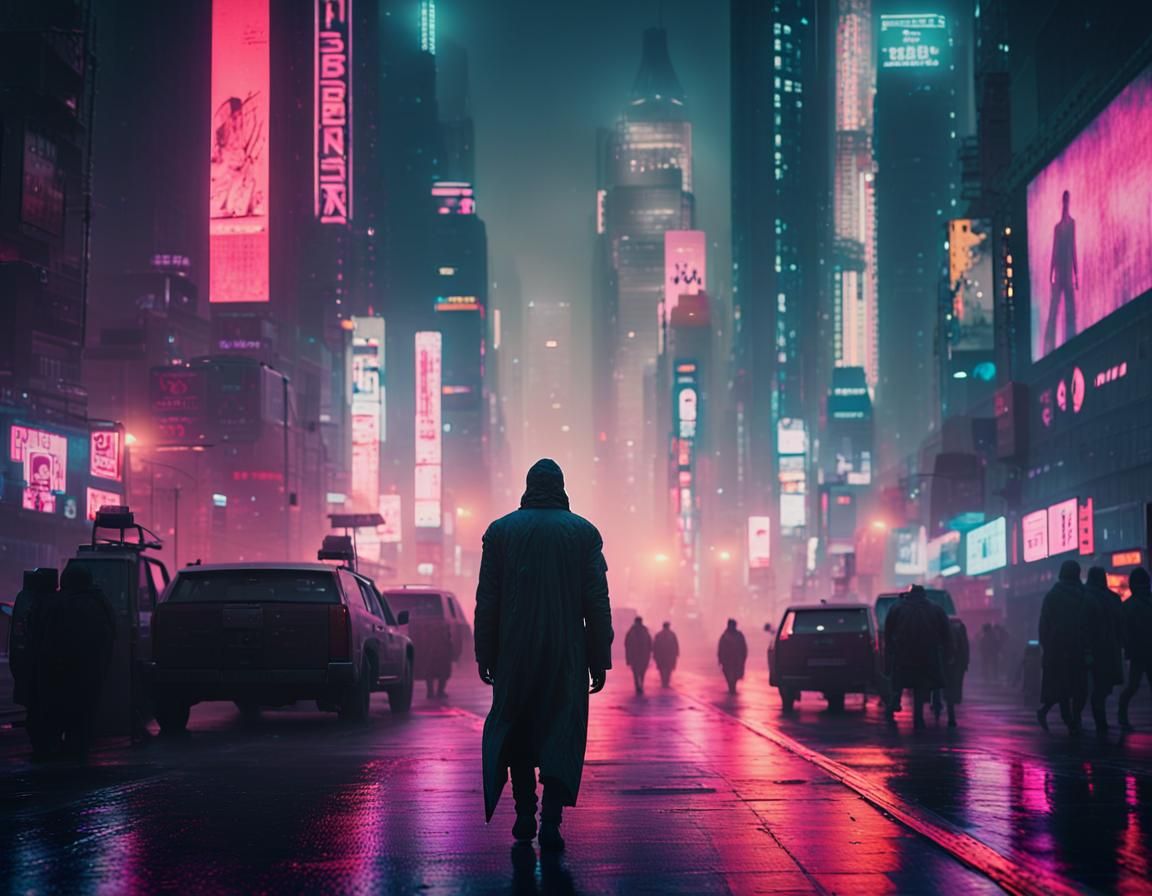 Cyberpunk Cityscape with Neon Lights and Smog