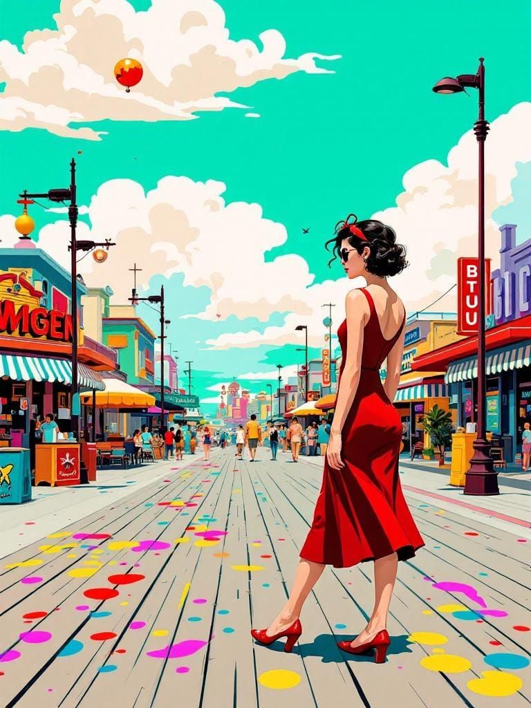 Boardwalk Woman in Sundress: Cartoon Vector Art