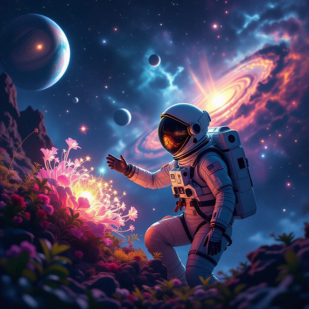 Astronaut Schoolgirl Explores Alien Flora in Synthwave Nebul...
