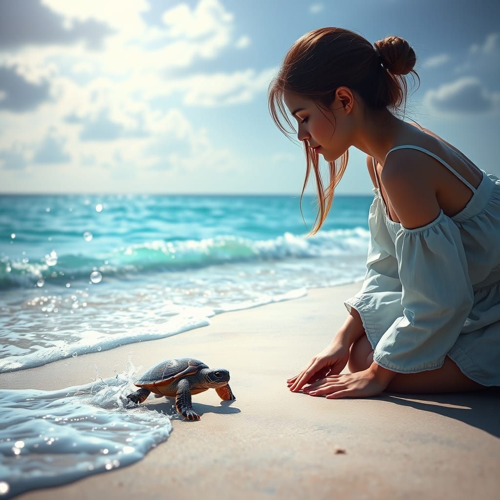 Woman Watches Turtle in Hyperrealistic Splash Art