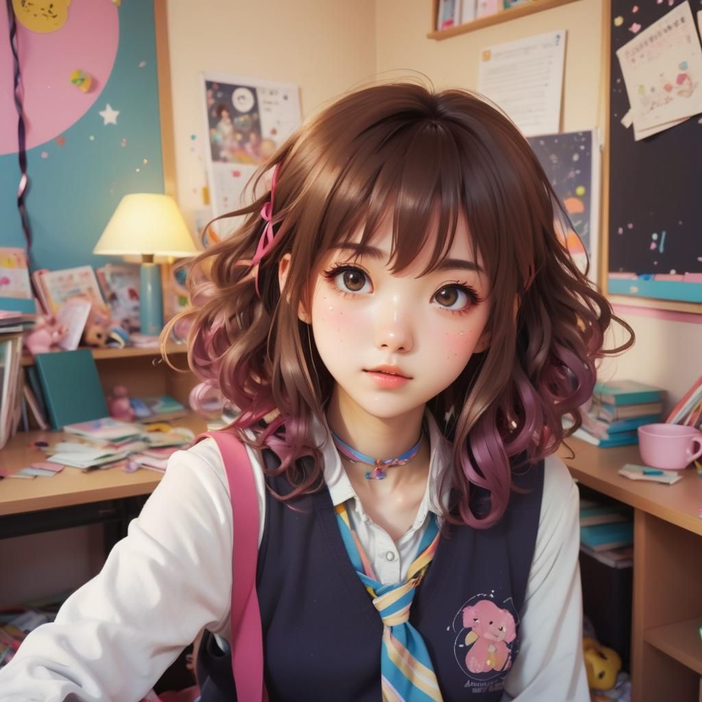 Manga Girl in Cluttered Room with Warm Glow