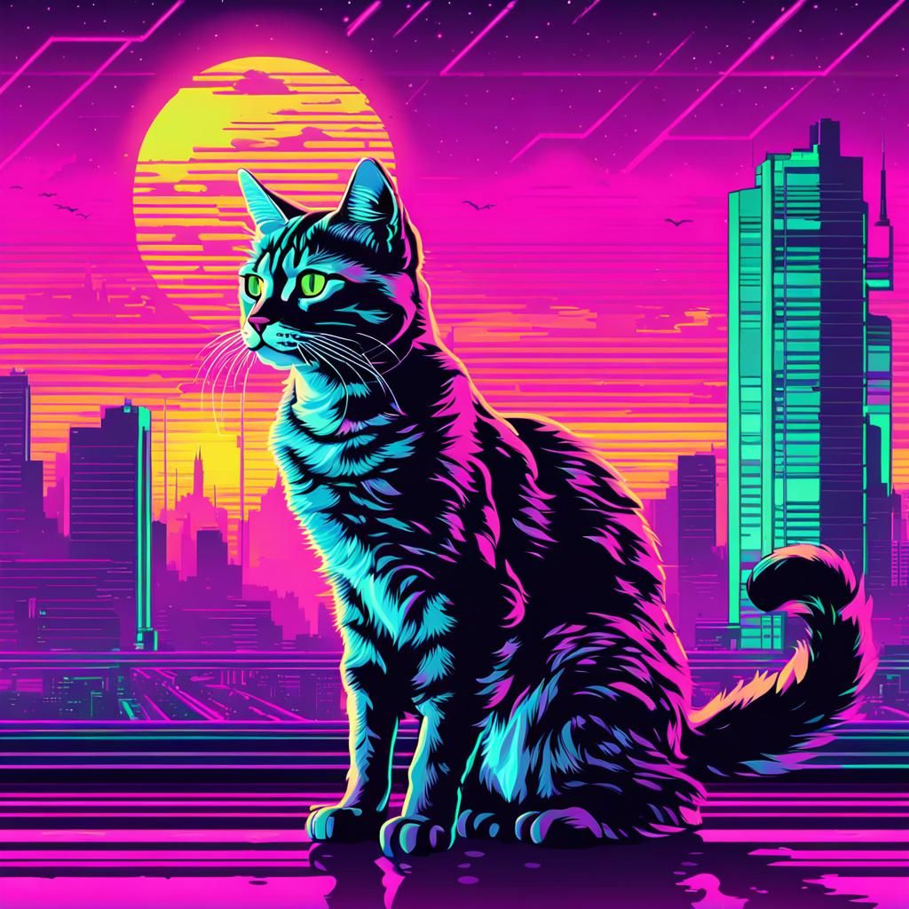 Neon Feline in Synthwave Cyberpunk Style