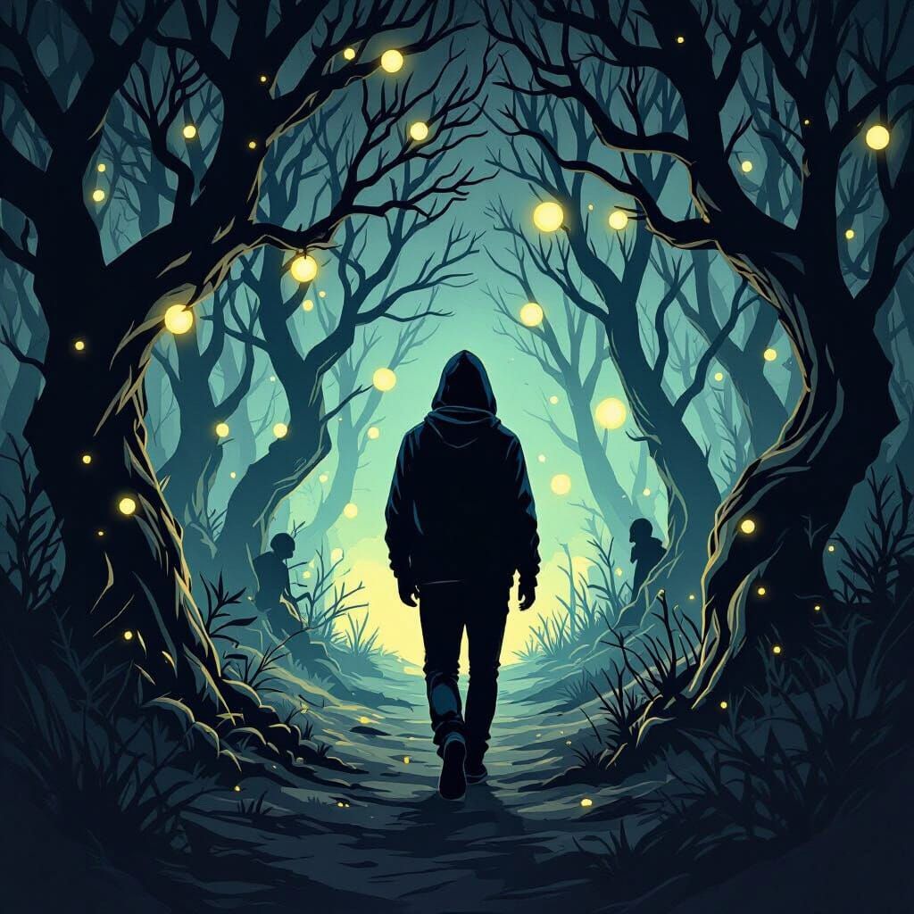 Eerie Forest: Glowing Lights in Dark Comic Style