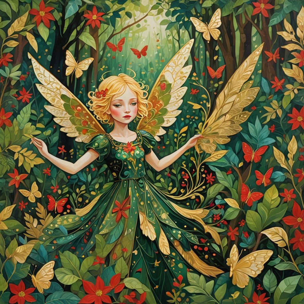 Pixie in Forest: Abstract Folk Art with Gold Leaf