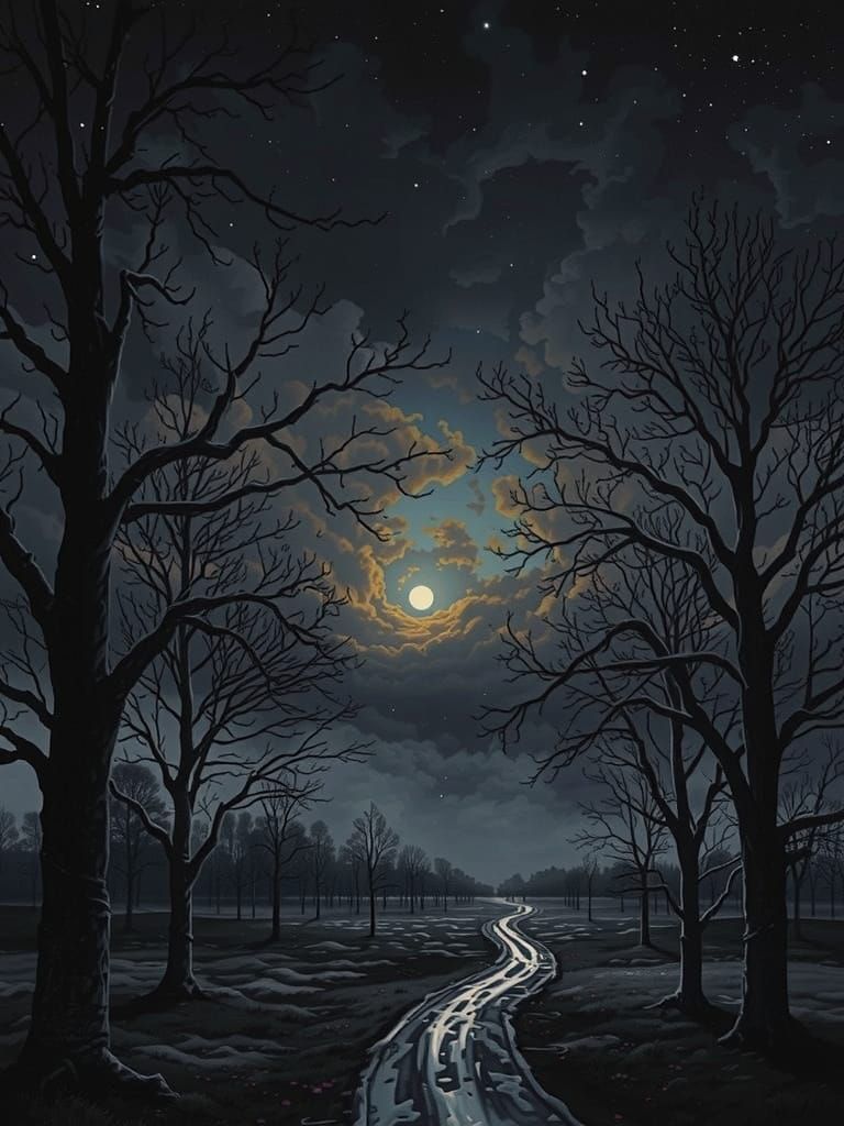 Ethereal Forest at Night in Kinkade Style