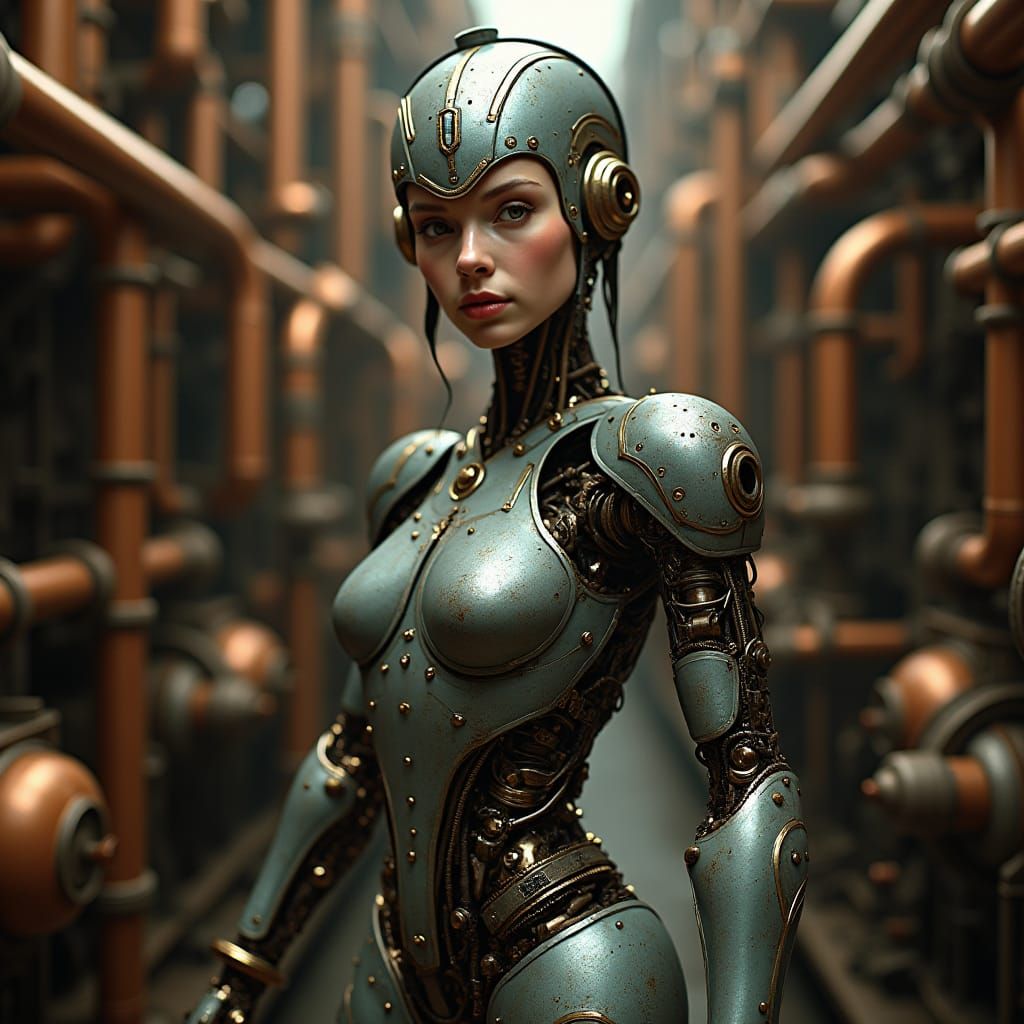 A hyper-feminine cyborg princess with a perfect, glassy complexion and mesmerizing gaze, set against a contrasting backd...