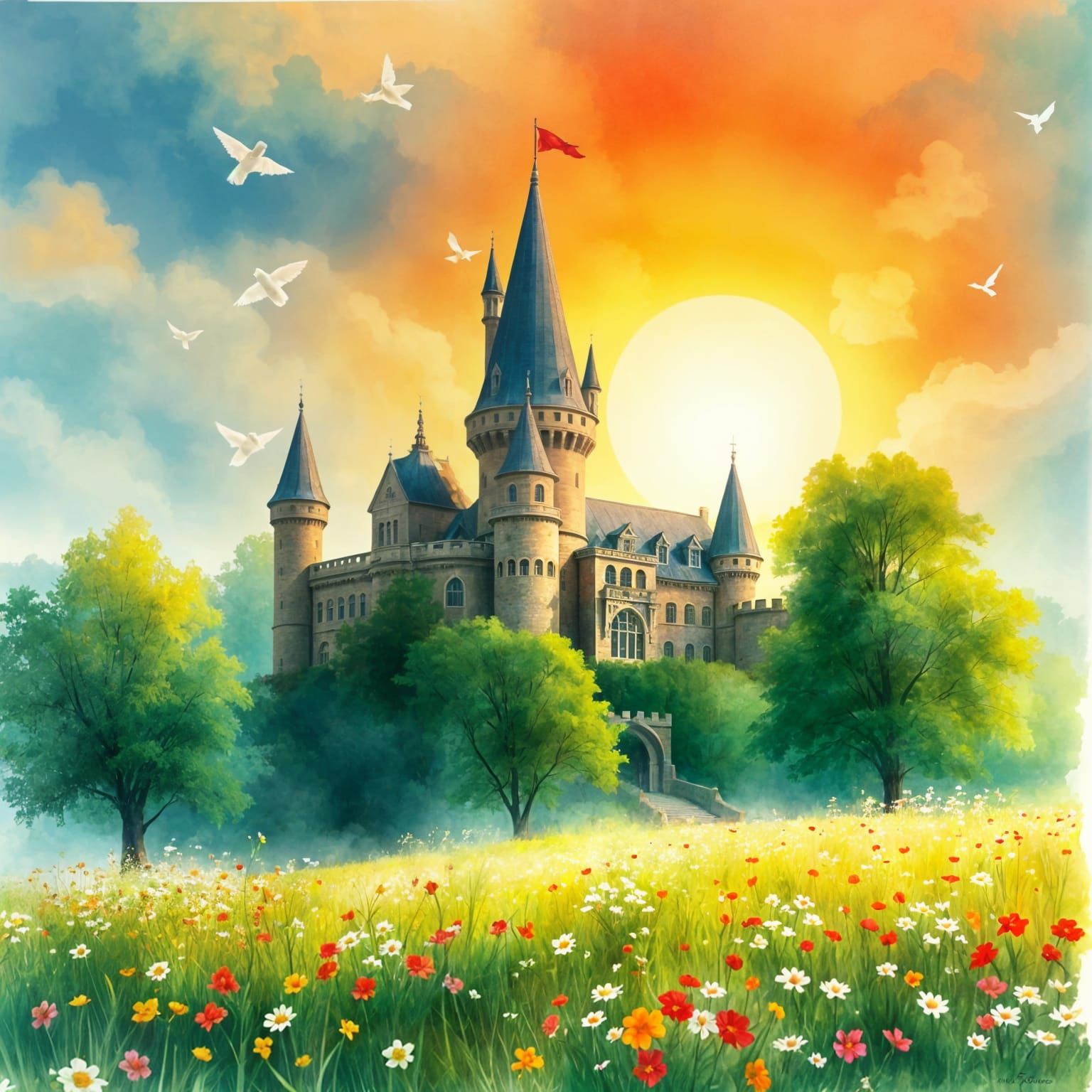 Majestic Green Forest at Sunrise in Whimsical Watercolor Sty...