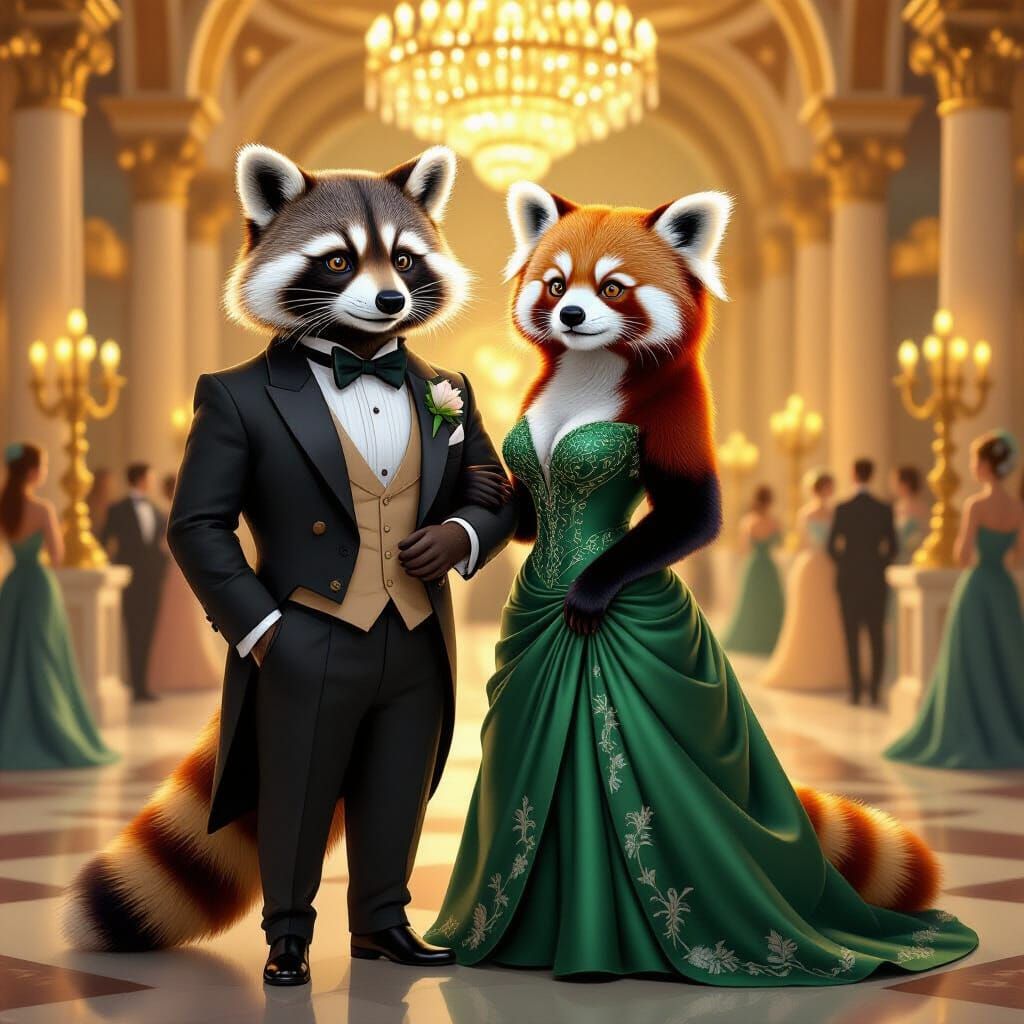 Elegant Red Panda and Raccoon at Opulent Ball