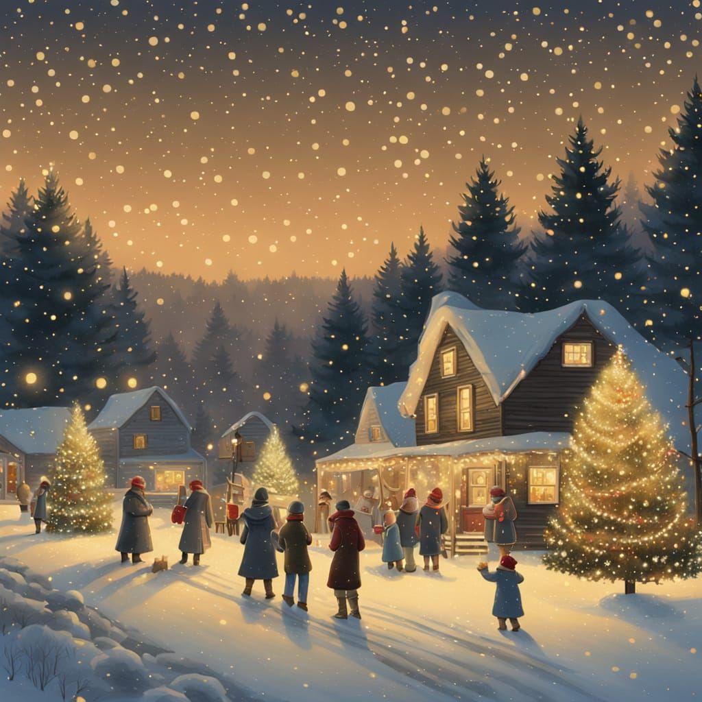 Christmas Tree Farm at Night in Rockwell Style