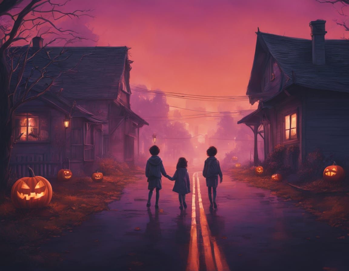 Haunted Halloween Street with Eerie Costumed Children