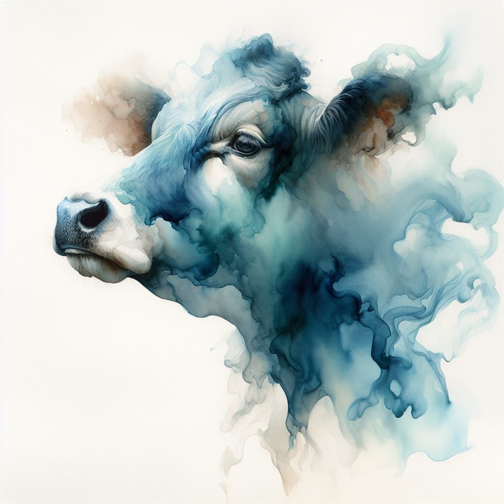 Ethereal Watercolor Cow in Dreamlike Blues