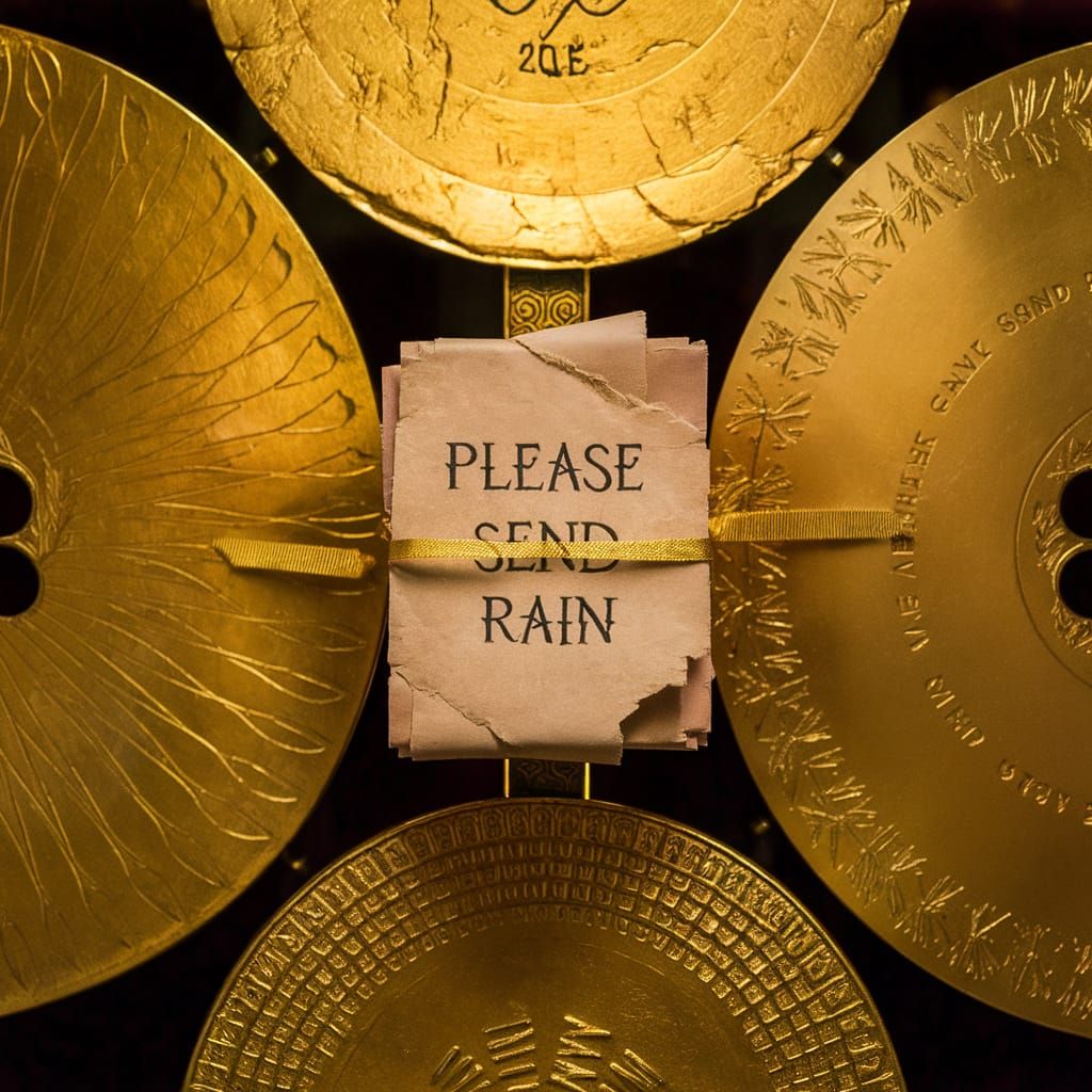 Ornate Gold Disks Request Rain in Ancient Script