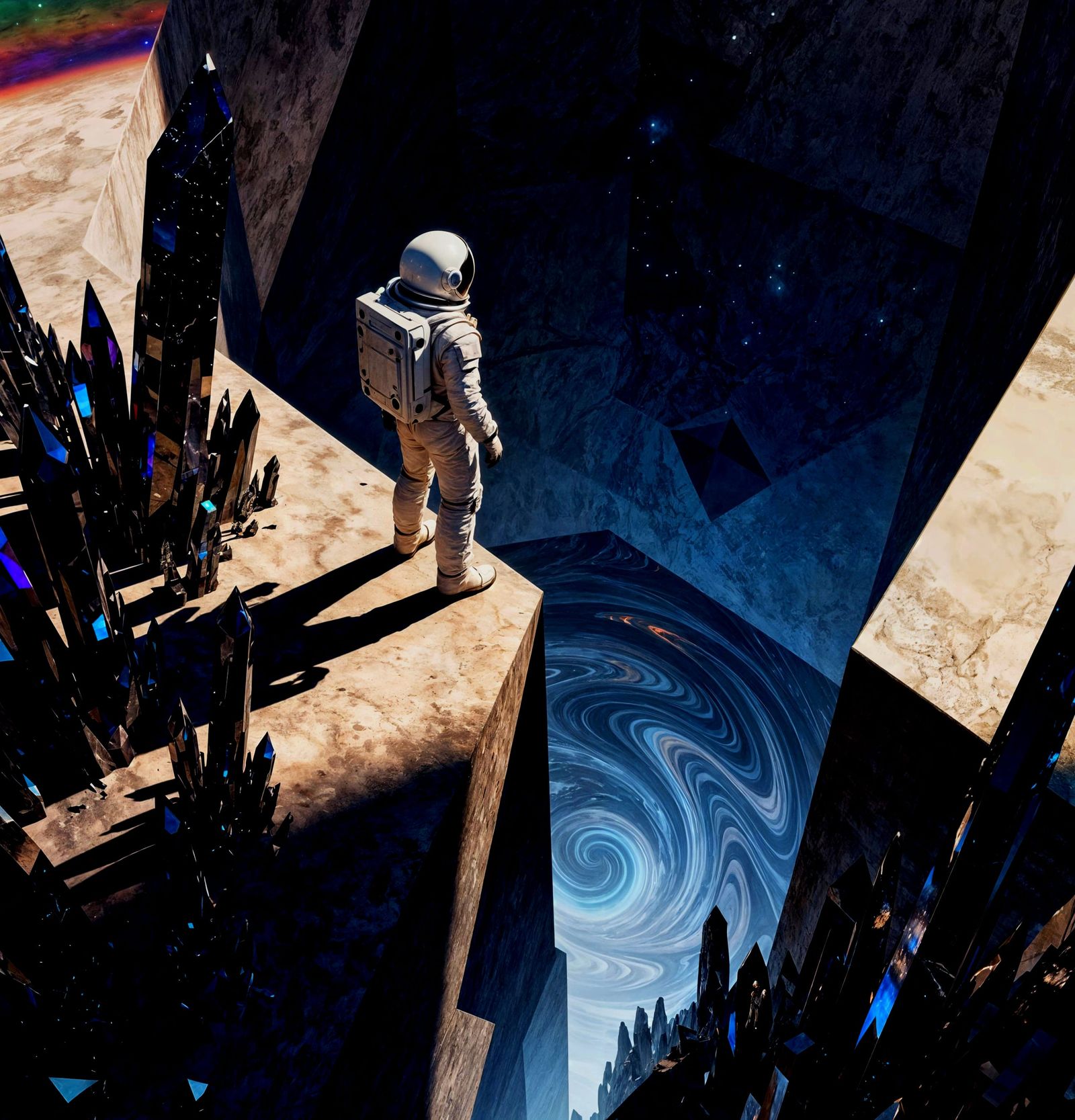 Astronaut Gazes into Geometric Void, Surreal Sci-Fi Art
