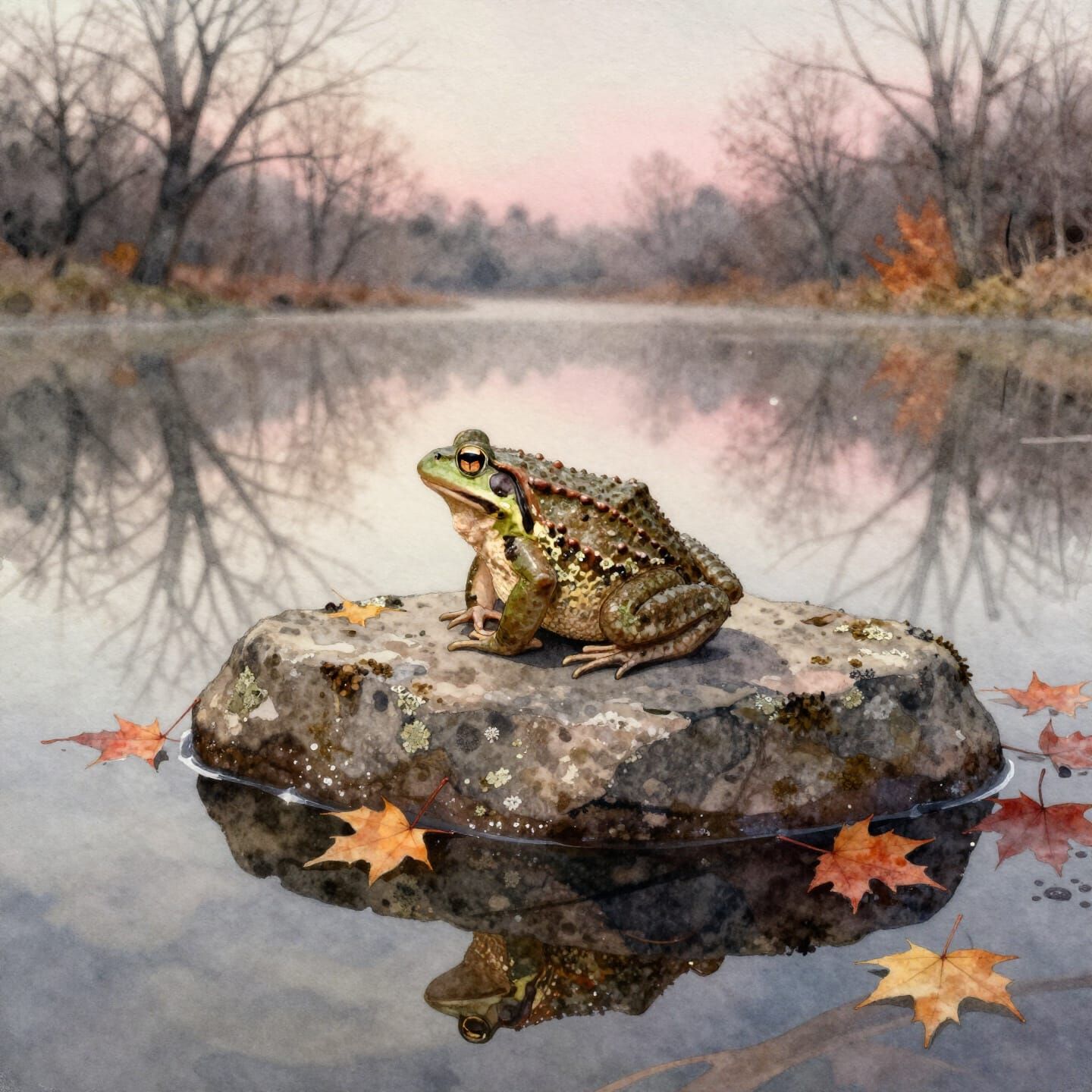 Tonalist Watercolor Frog in Autumn Evening Light