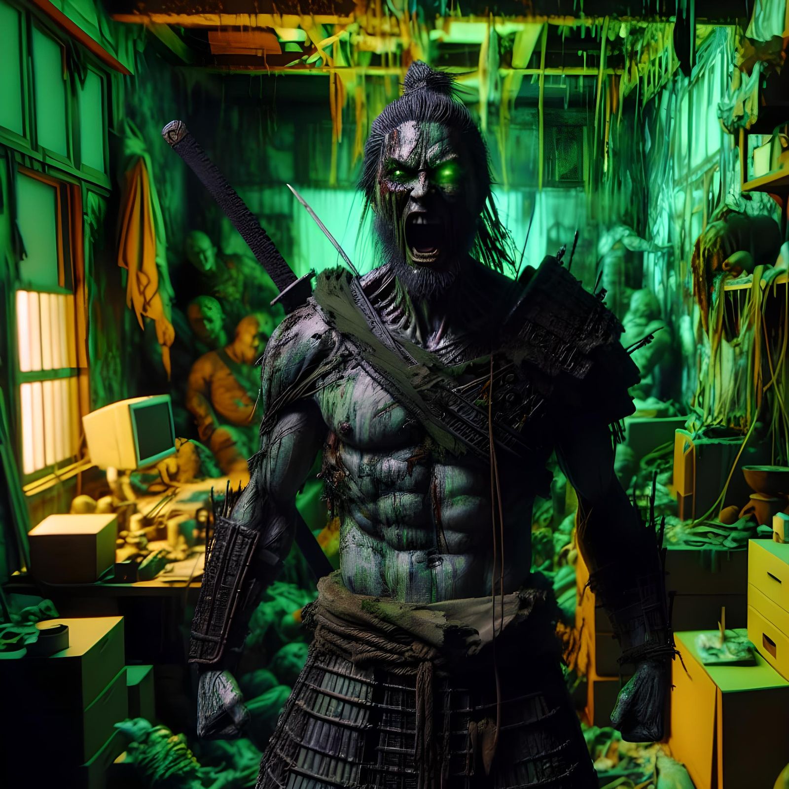 Anime Warrior Emerges from Battle in Dystopian Room