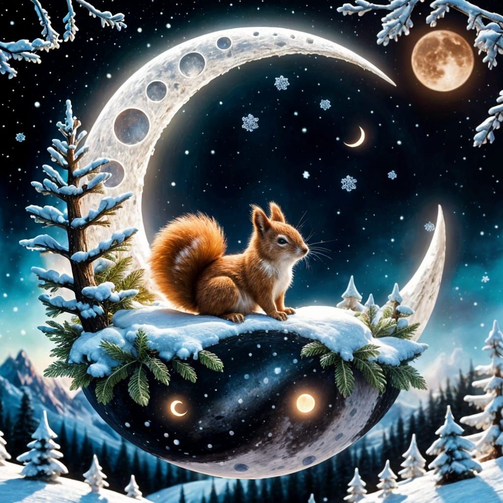 Realistic Fantasy Squirrel in Cosmic Moonlit Scene with Glow...