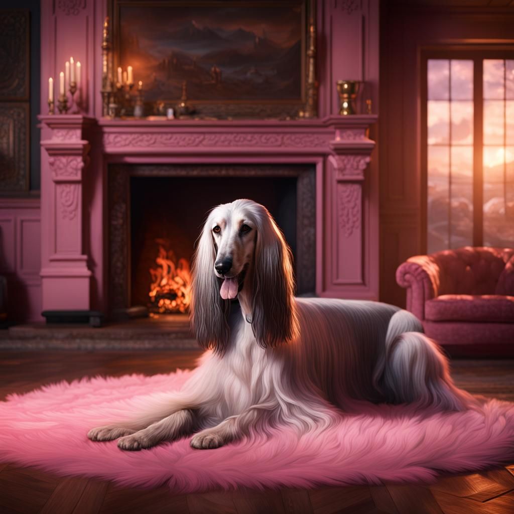 Silvery Pink Afghan Hound by Fireplace
