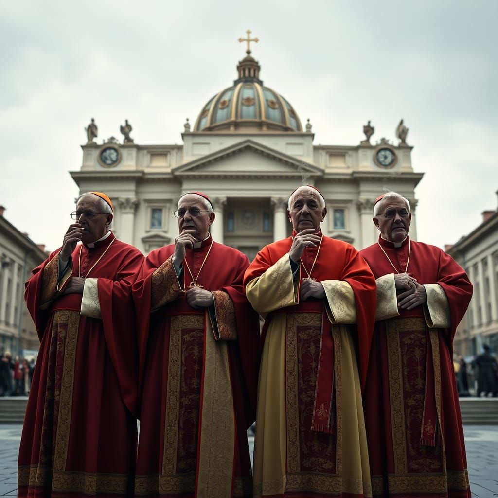 Cardinals in Traditional Vestments Smoke Cigarettes in Hyper...