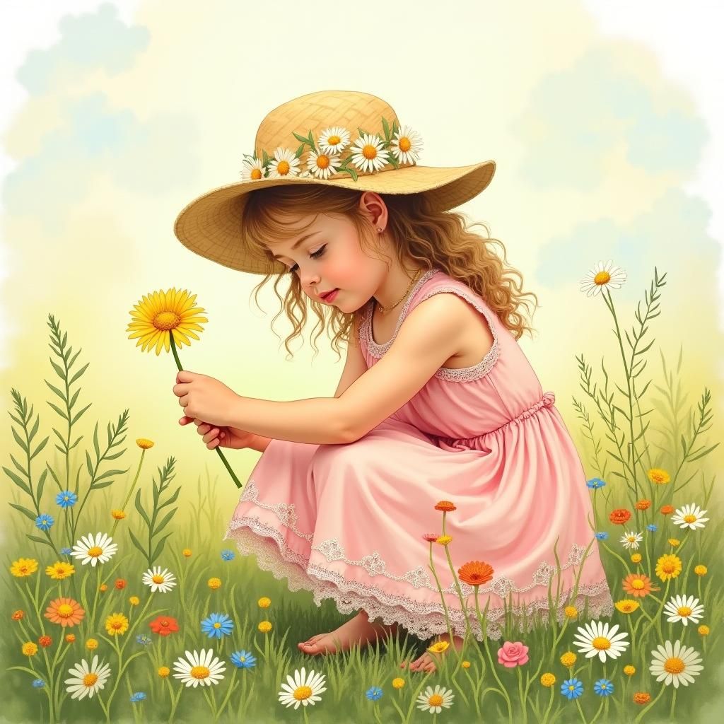 Girl in Meadow with Dandelion, Watercolor Style