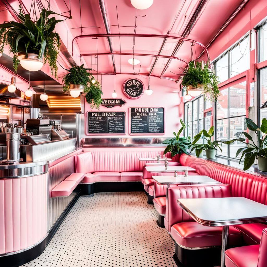 Vegan Diner Interior in Vintage Cartoon Style
