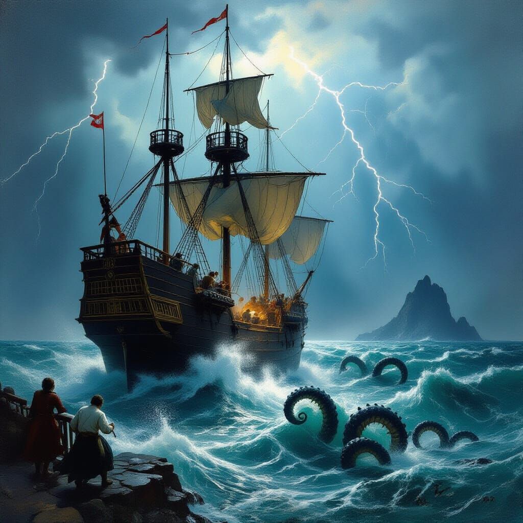 Spanish Galleon Battles Kraken in Stormy Seas Oil Painting