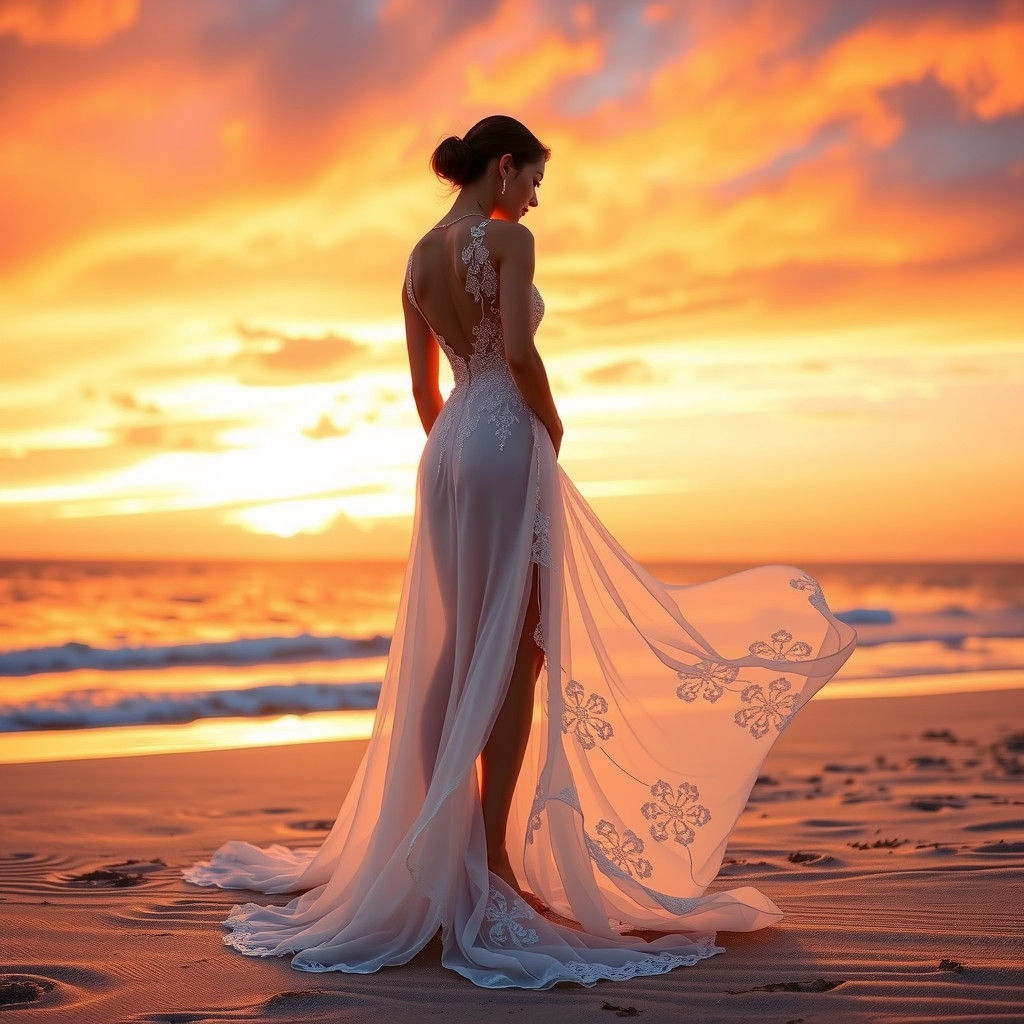 Thai Woman in White Dress at Sunset