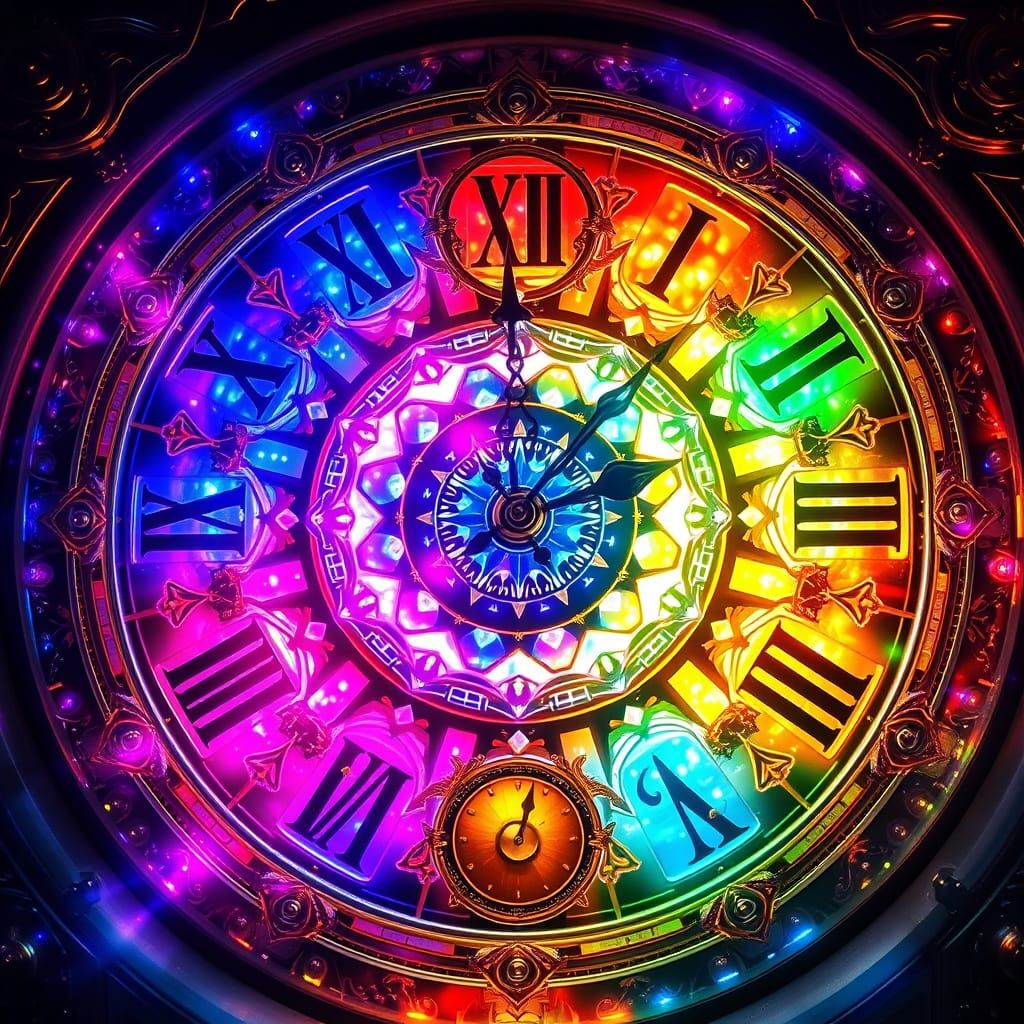 Mystical Clock Face with Kaleidoscopic Hours