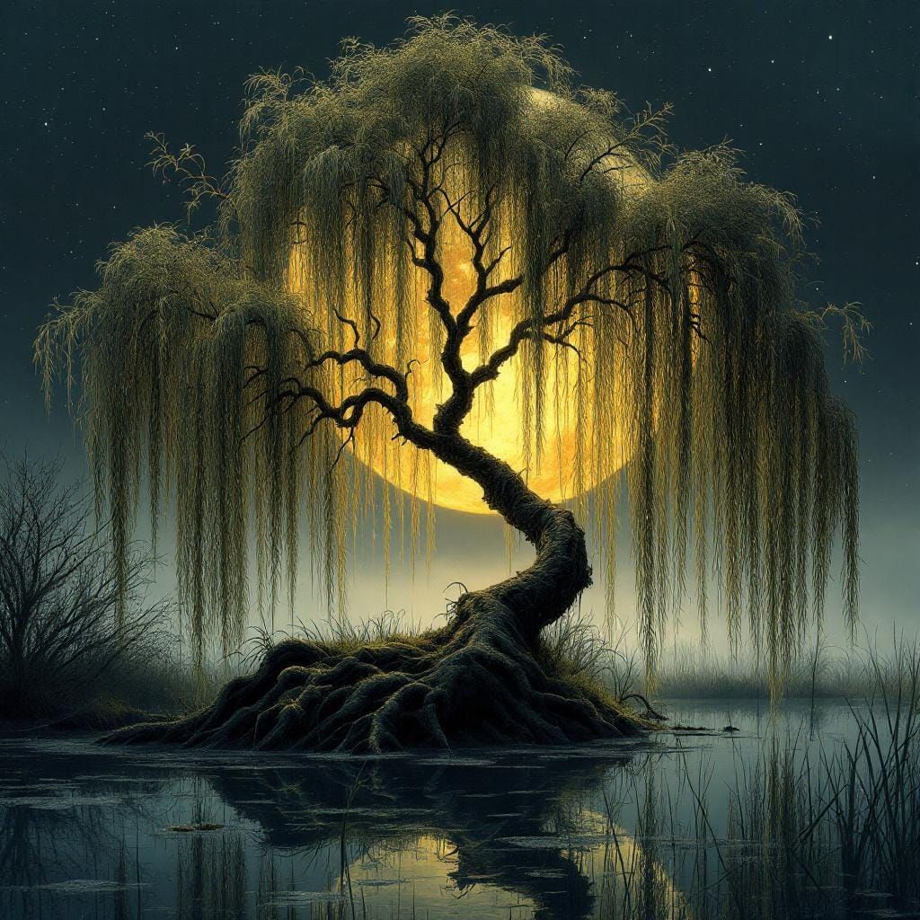 Ethereal Weeping Willow in Moonlit Swamp