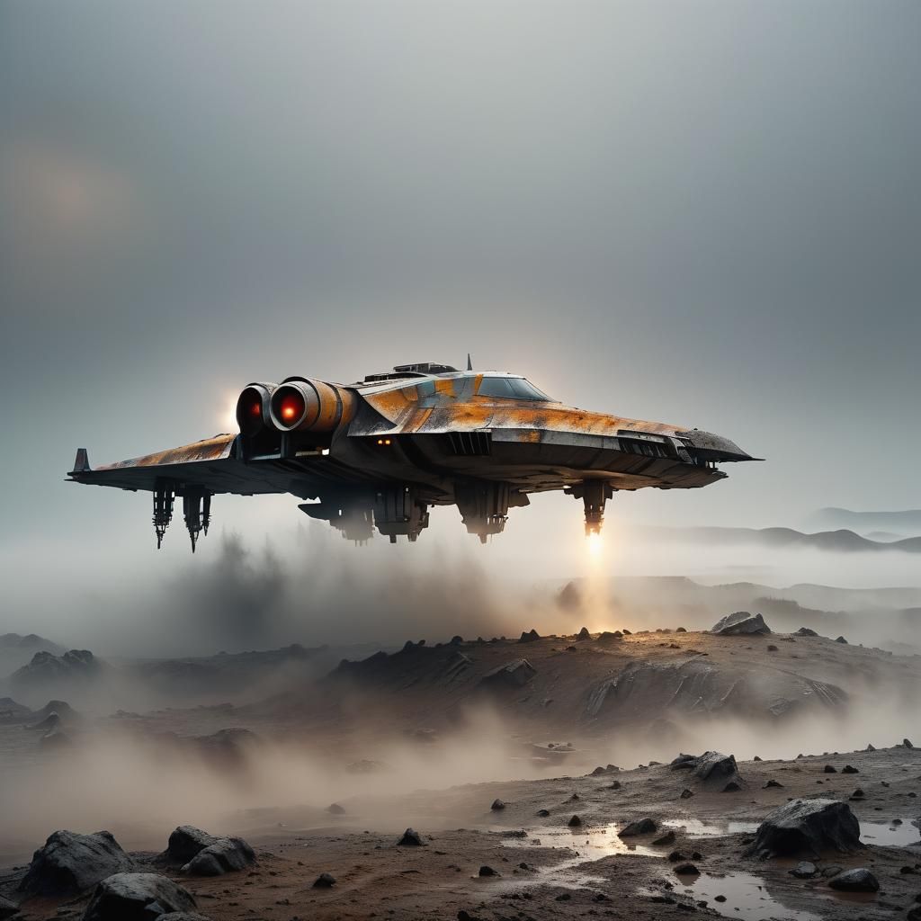 Starship Zooms Across Misty Alien Landscape
