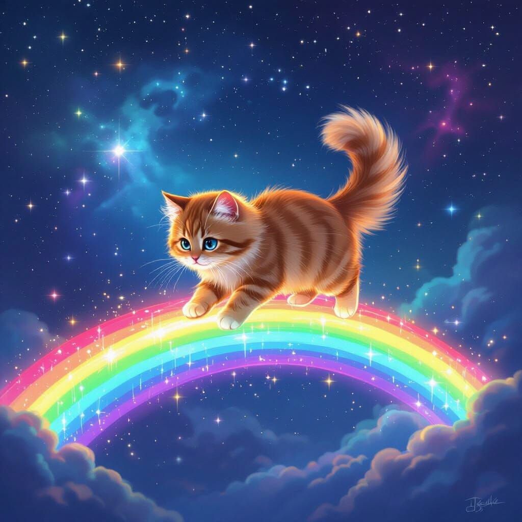 Tabby Cat Crosses Rainbow Bridge in Cosmic Sky