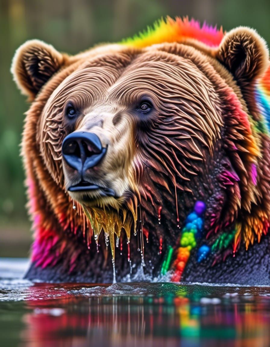 Rainbow Grizzly Bear Portrait in Hypermaximalist Style