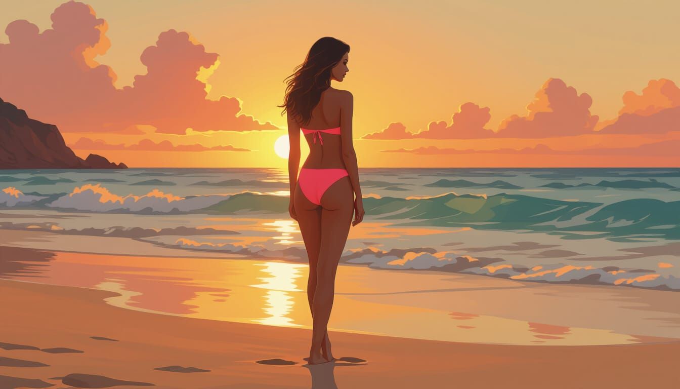 Woman on Beach in Pink Bikini: Mucha-Inspired