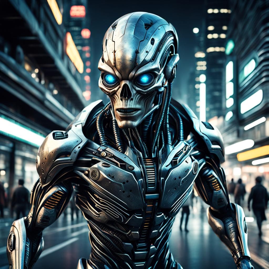 Hyperrealistic Alien Cyborg Hybrid in Sci-Fi City