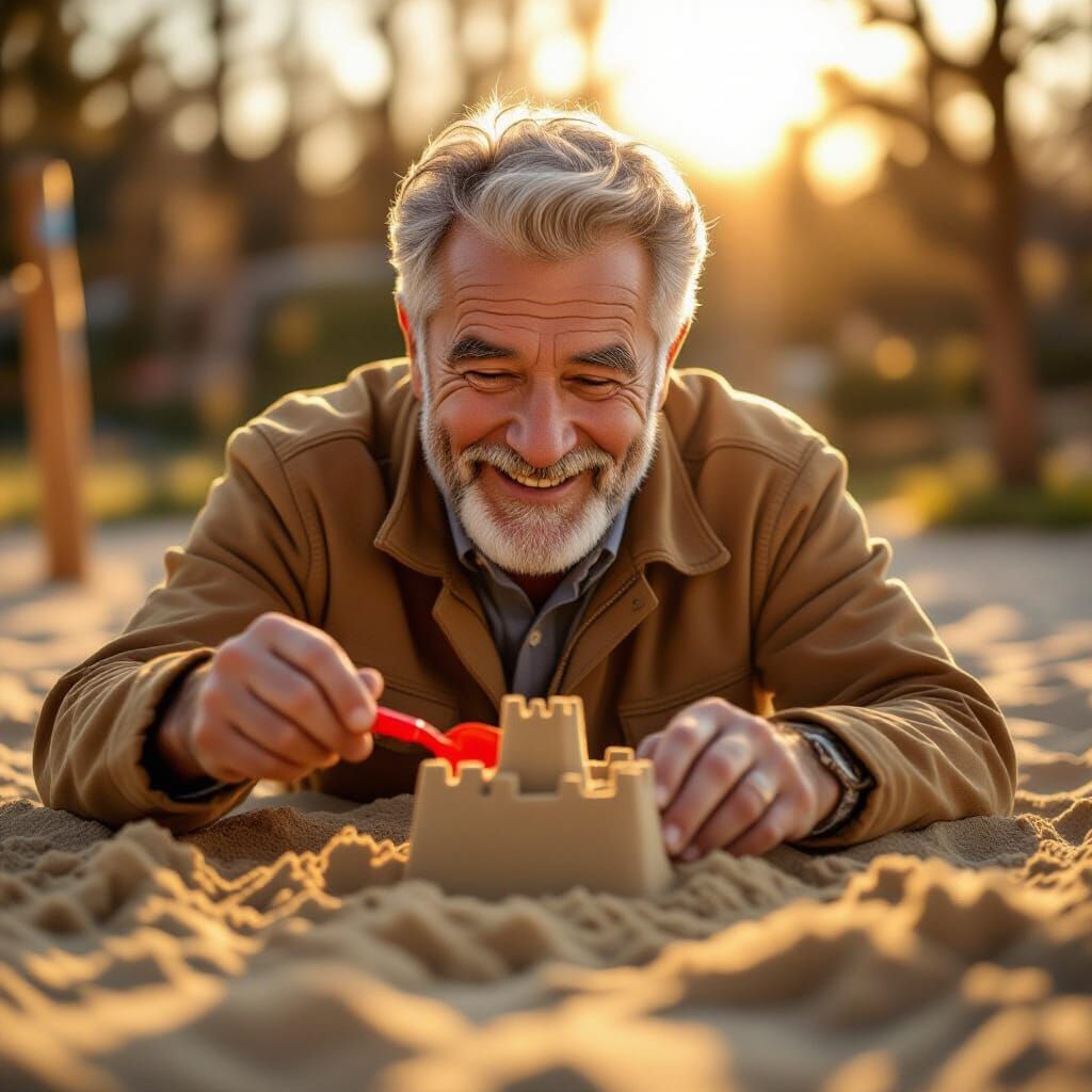 Elderly Man Joyfully Builds Sandcastle in Golden Hour Light