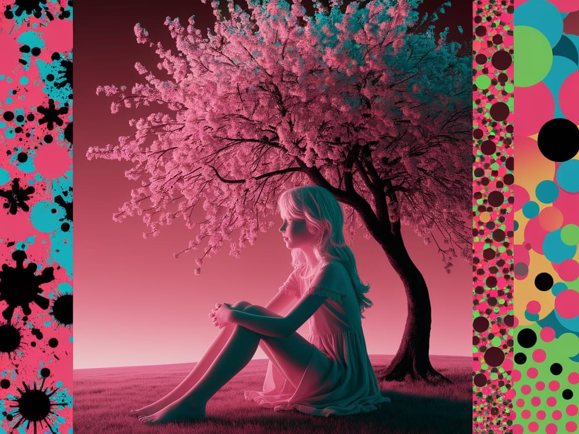 Dreamy Pop Surrealism Girl Under Blossoming Tree at Sunset