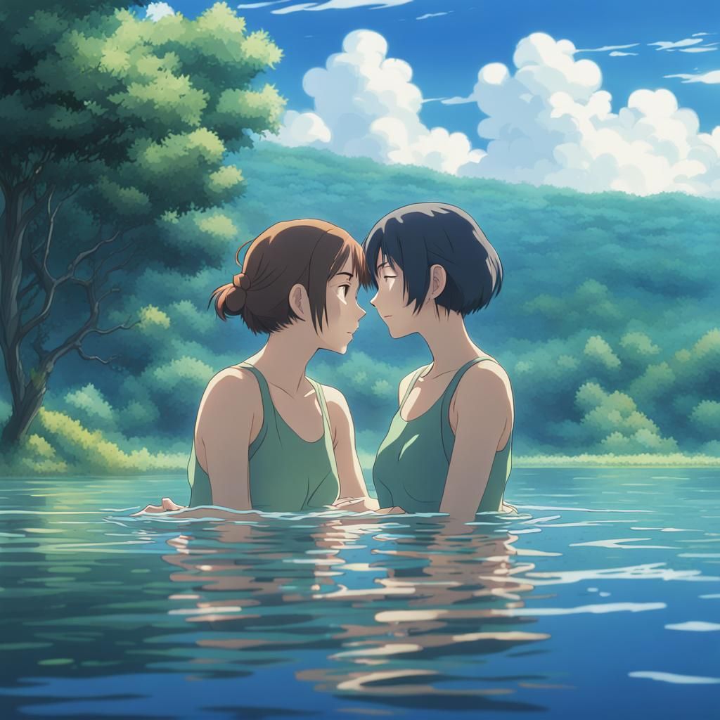 Lesbian Couple Swimming: Studio Ghibli Anime Visual