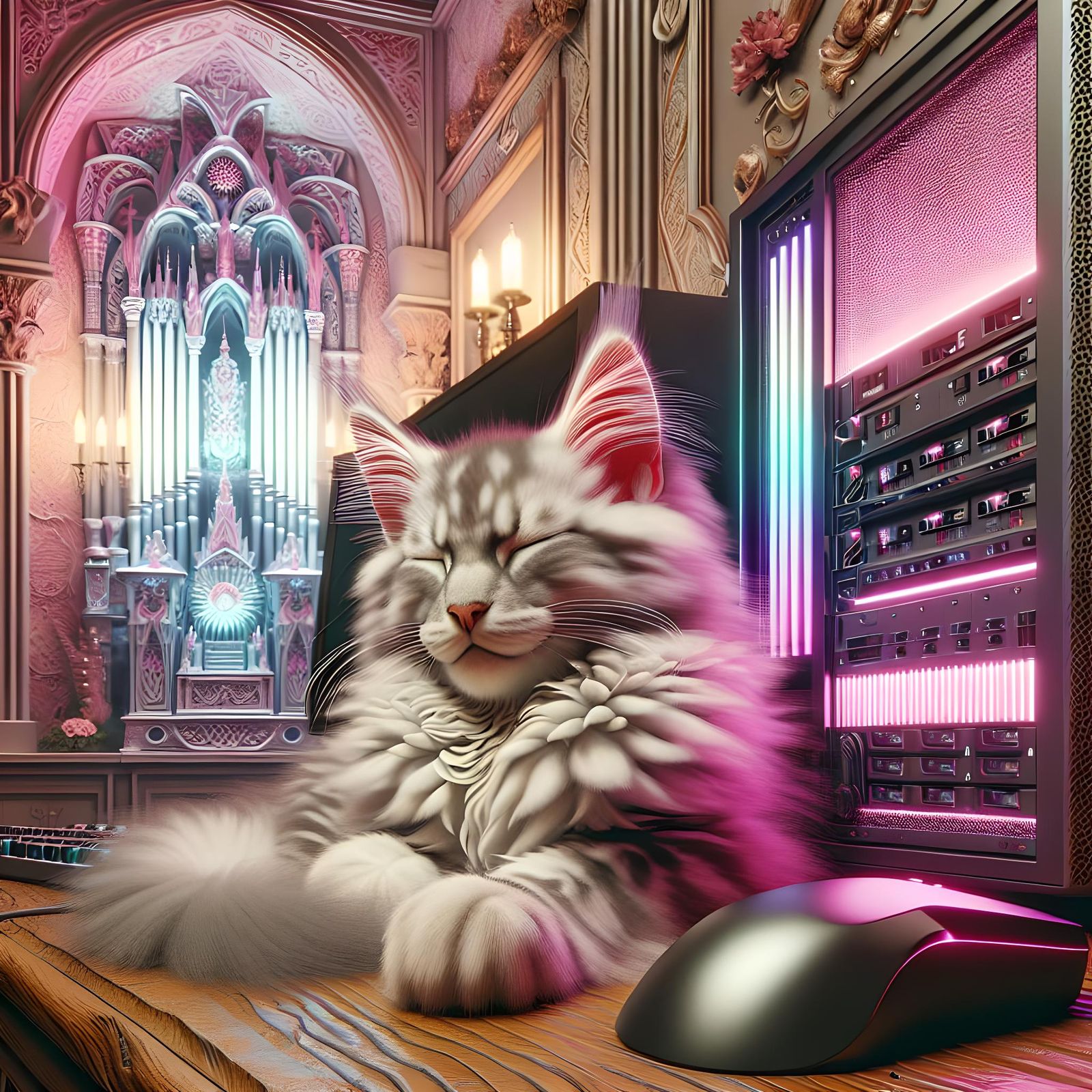 Grey Maine Coon Kitten Sleeping in Fantasy Room